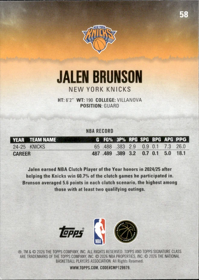 Jalen Brunson card back