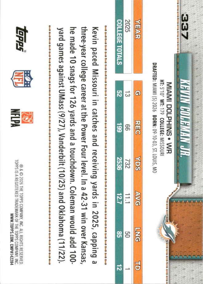 Kevin Coleman Jr. card back