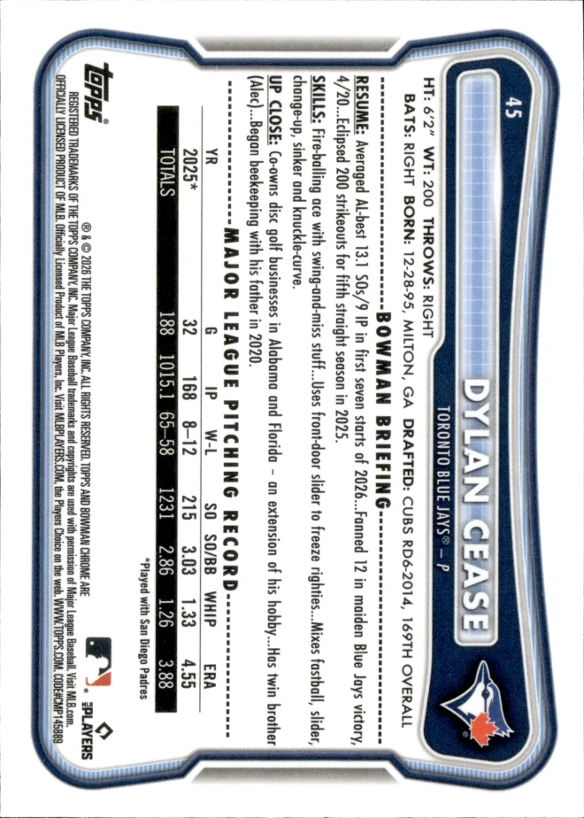 Dylan Cease card back