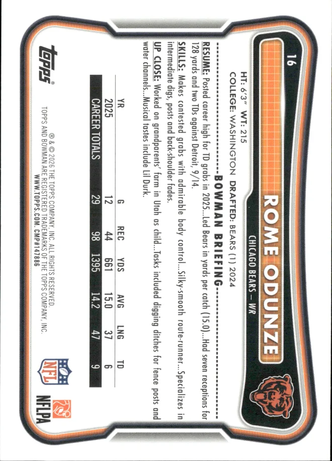 Rome Odunze card back