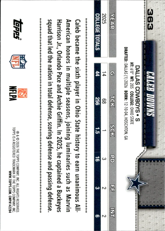 Caleb Downs card back