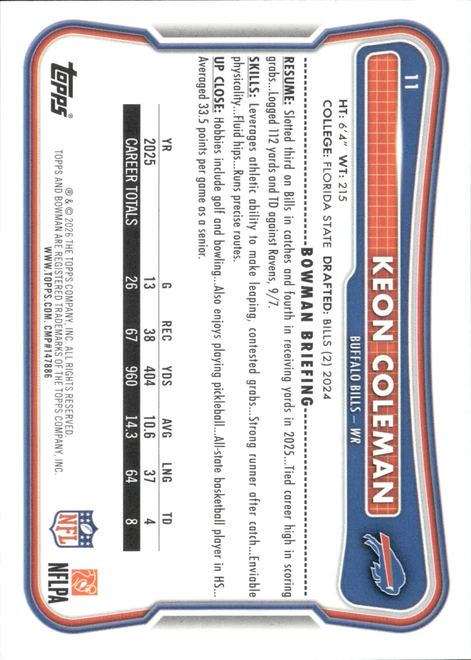 Keon Coleman card back