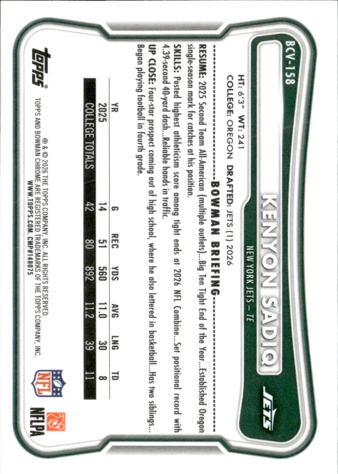Kenyon Sadiq card back