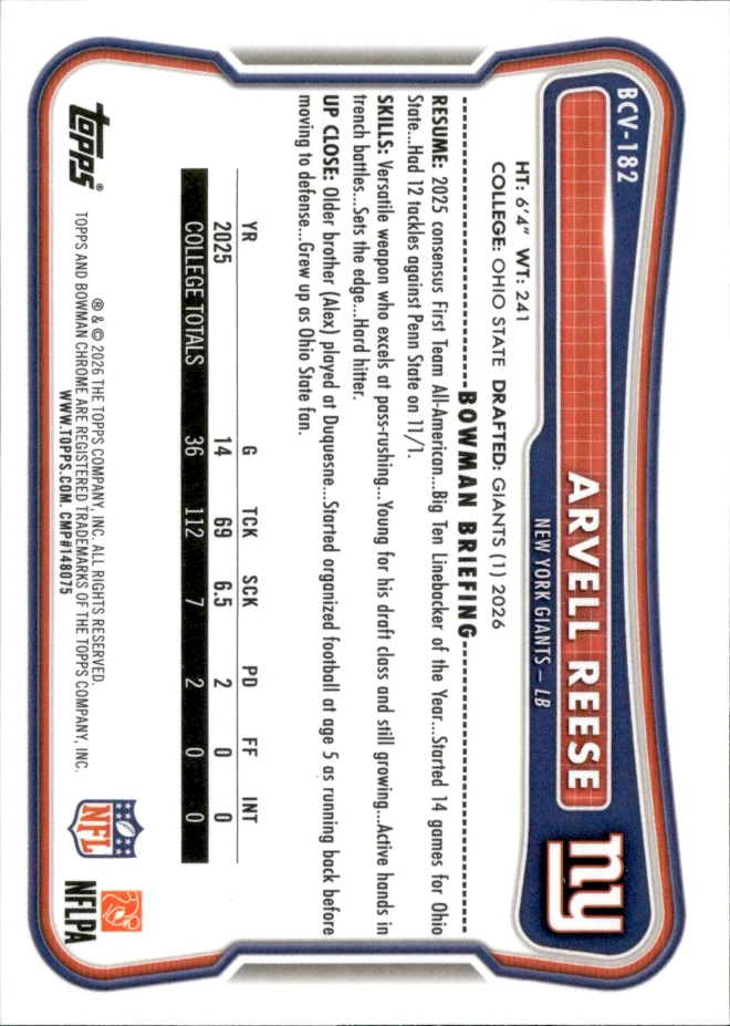 Arvell Reese card back