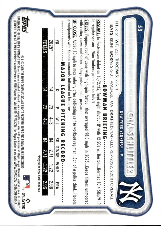 Cam Schlittler card back
