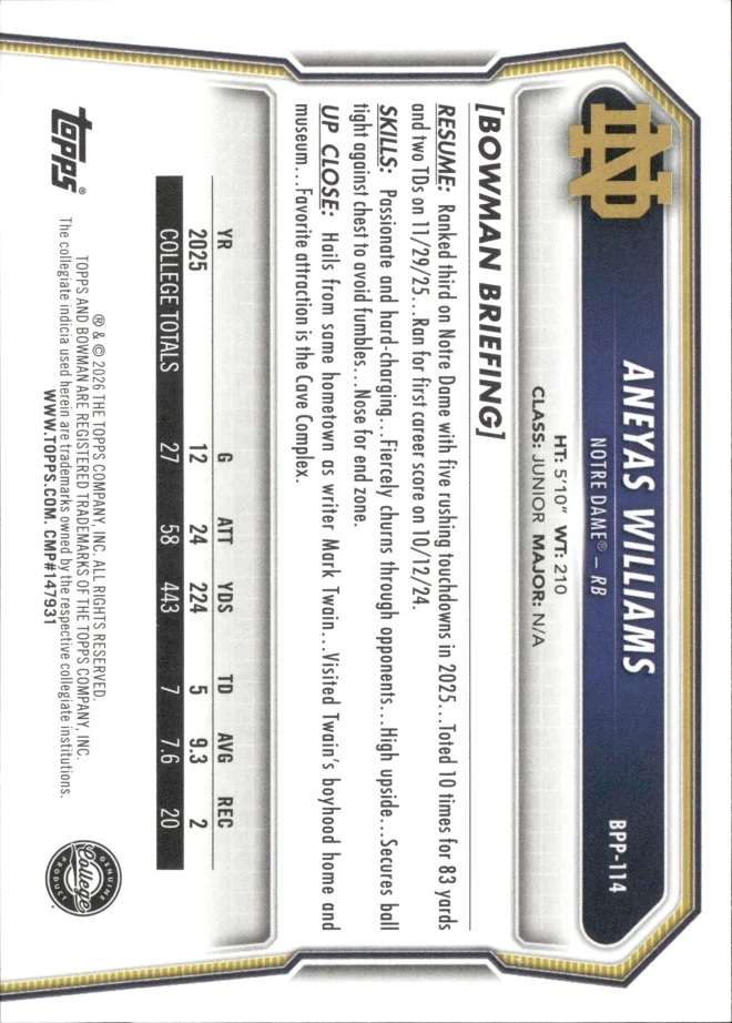 Aneyas Williams card back