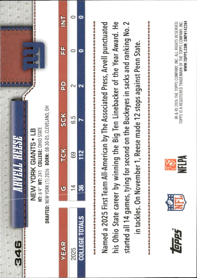 Arvell Reese card back
