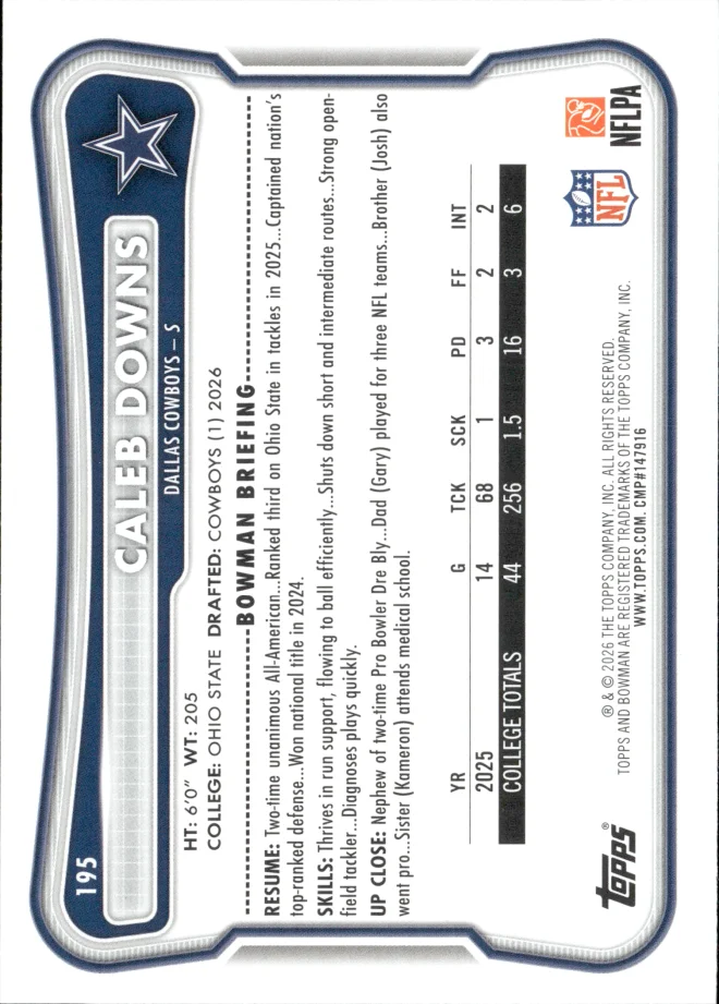 Caleb Downs card back