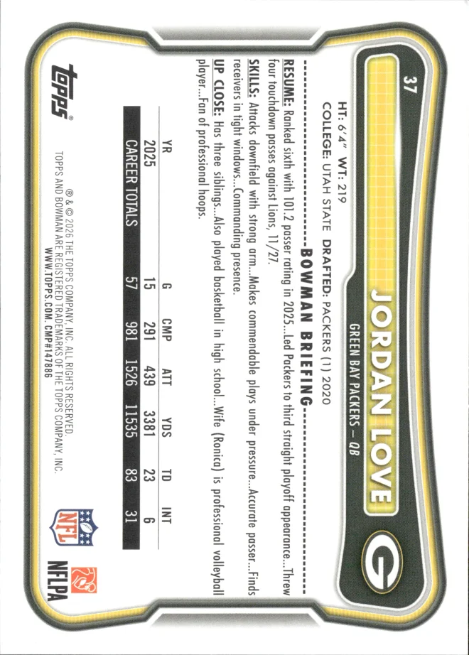 Jordan Love card back