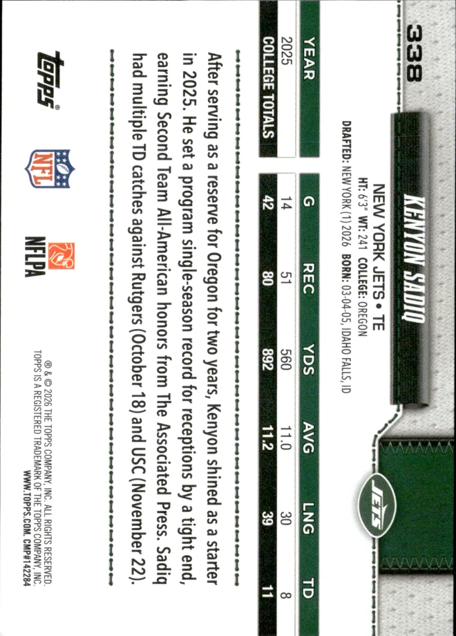 Kenyon Sadiq card back