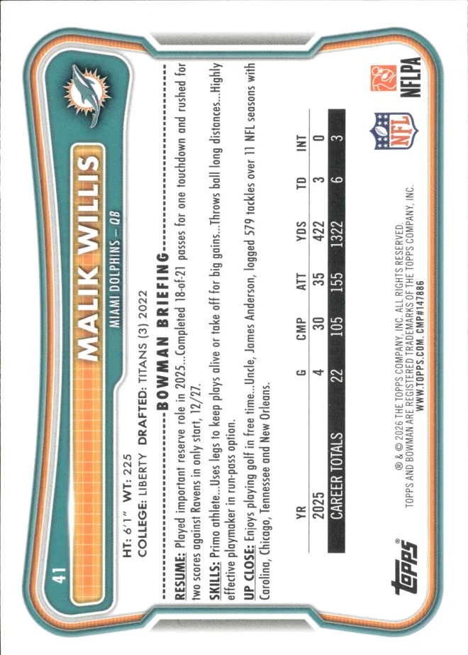 Malik Willis card back