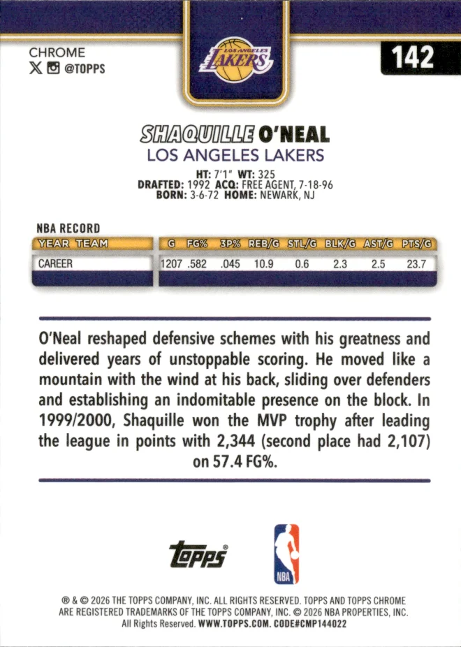 Shaquille O'Neal card back