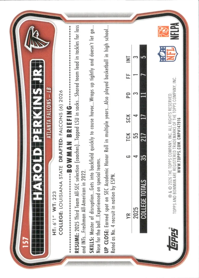 Harold Perkins Jr. card back