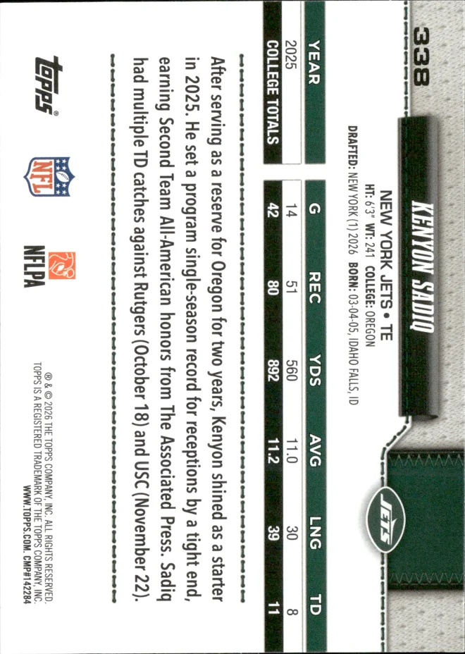 Kenyon Sadiq card back