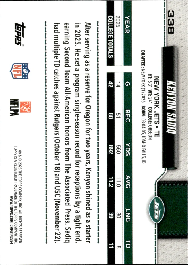 Kenyon Sadiq card back