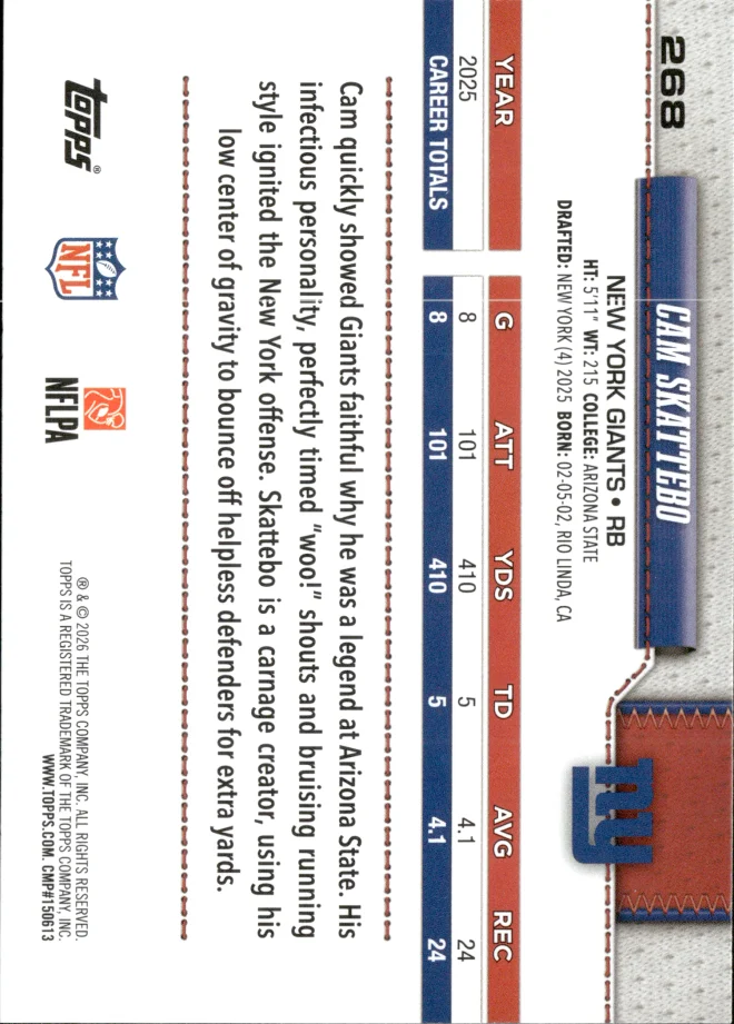 Cam Skattebo card back