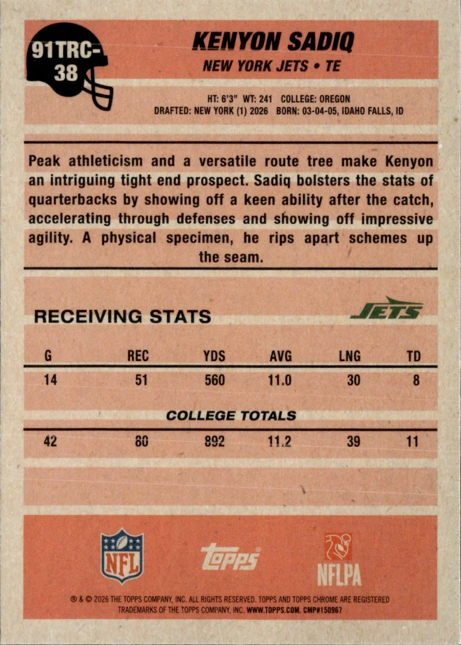 Kenyon Sadiq card back