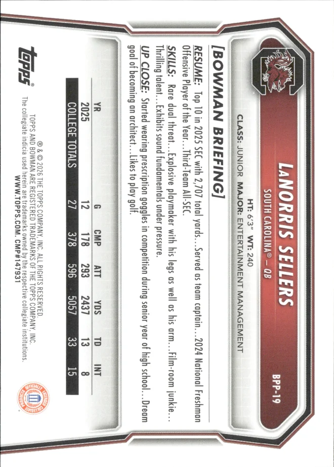 LaNorris Sellers card back