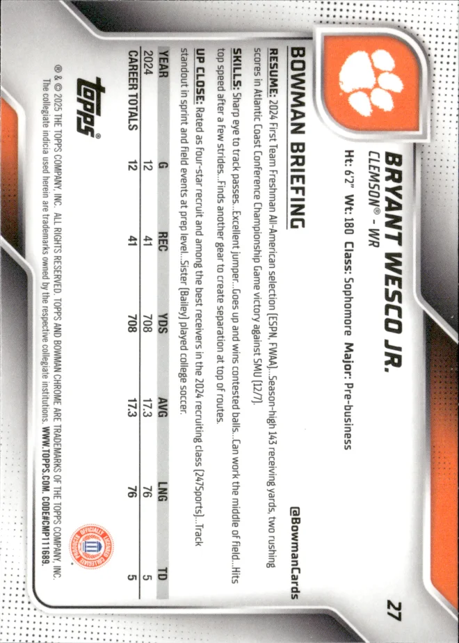 Bryant Wesco Jr. card back