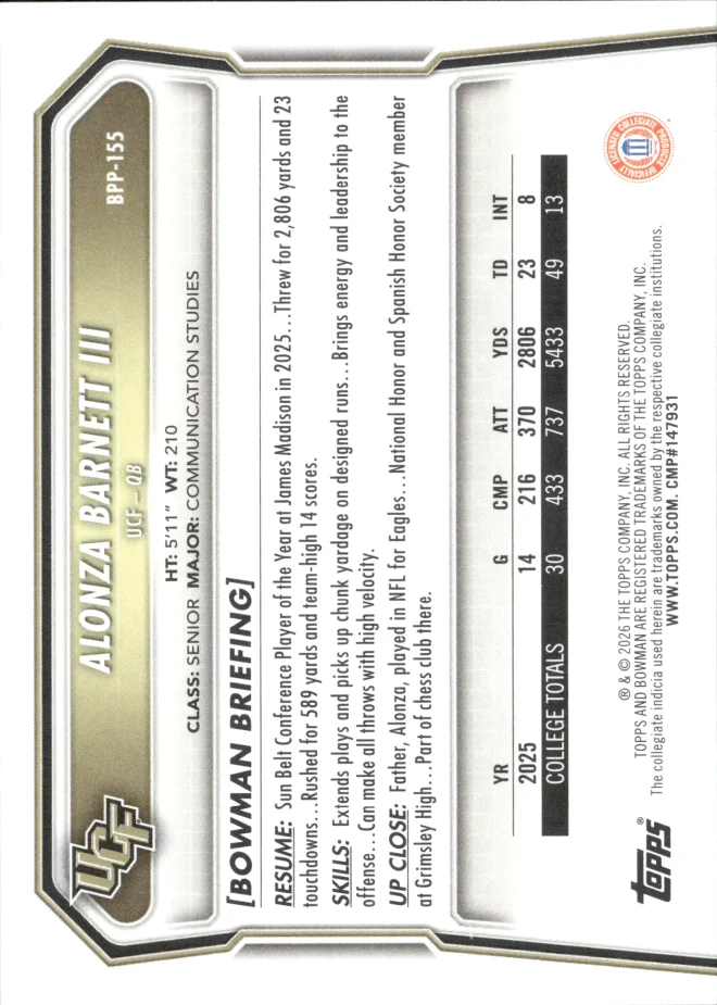 Alonza Barnett III card back
