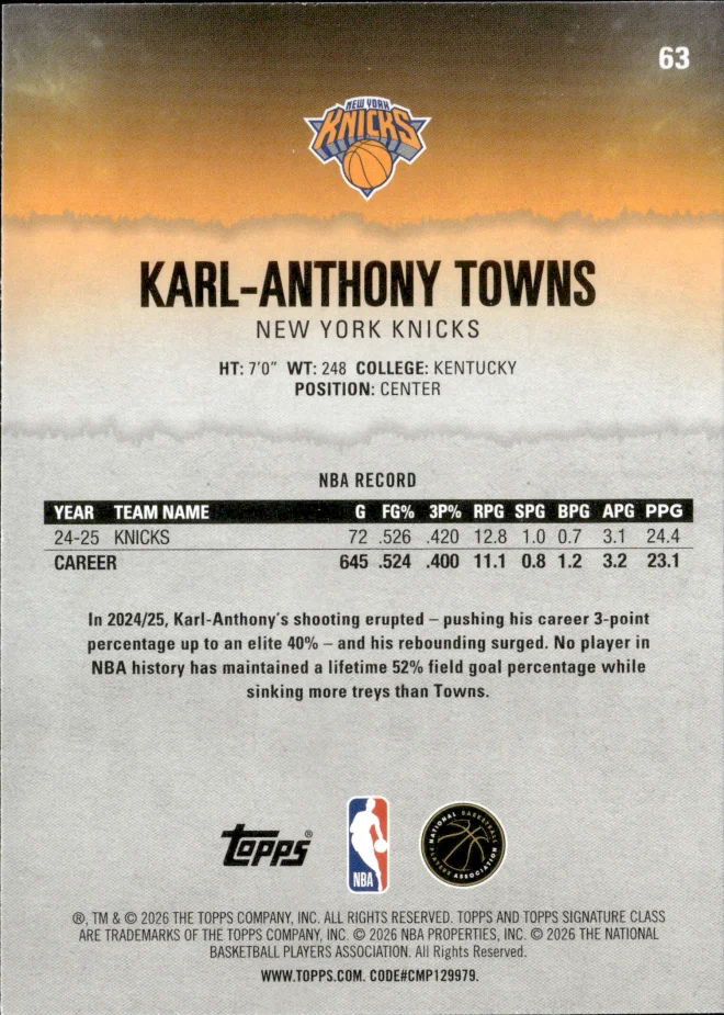 Karl-Anthony Towns card back