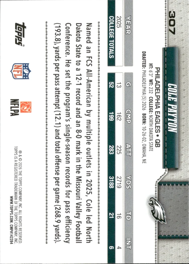 Cole Payton card back