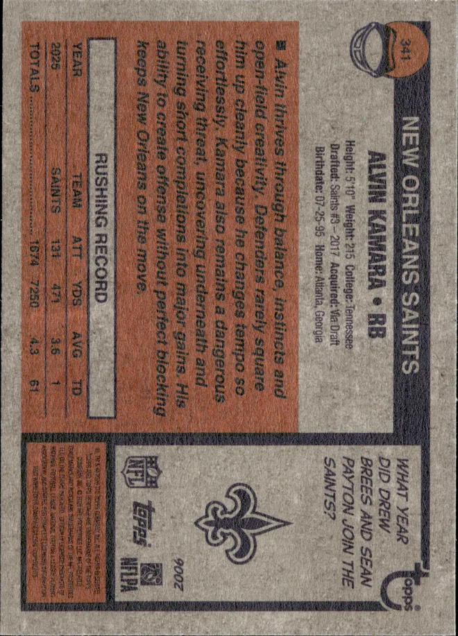 Alvin Kamara card back