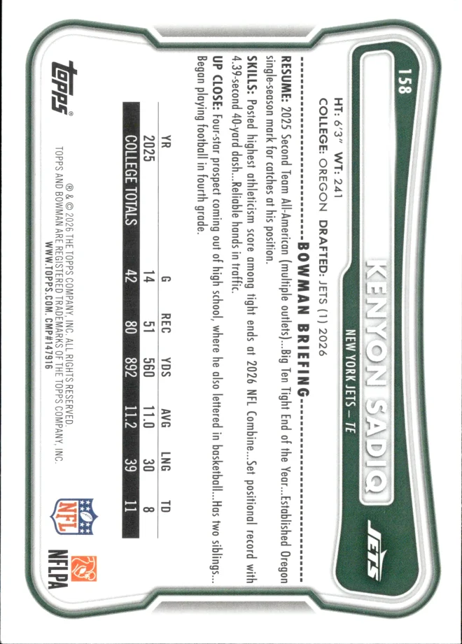 Kenyon Sadiq card back