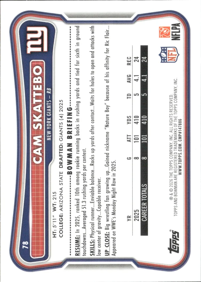 Cam Skattebo card back
