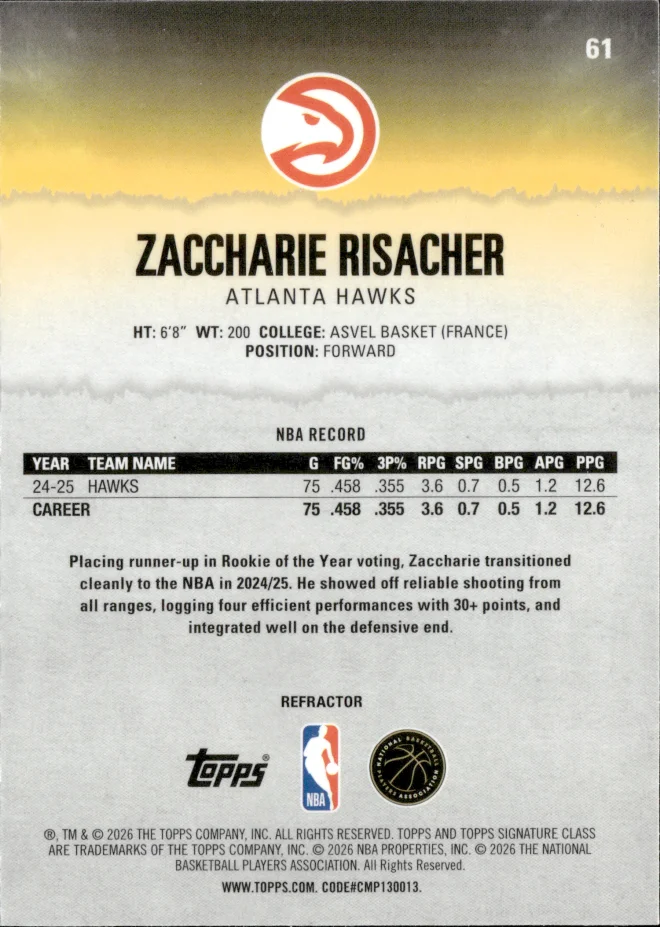 Zaccharie Risacher card back