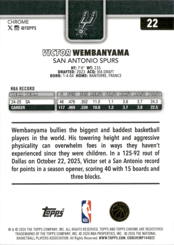 Victor Wembanyama card back