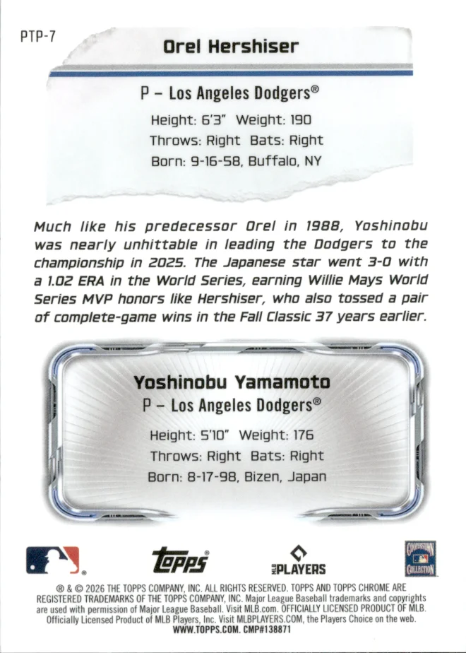 Orel Hershiser / Yoshinobu Yamamoto card back