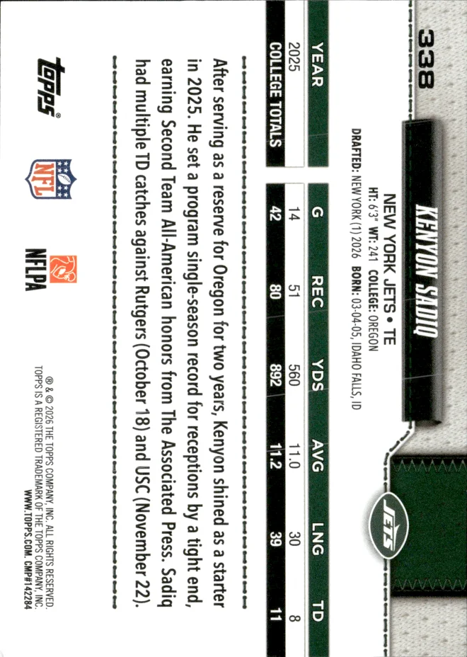 Kenyon Sadiq card back