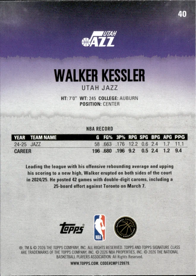 Walker Kessler card back
