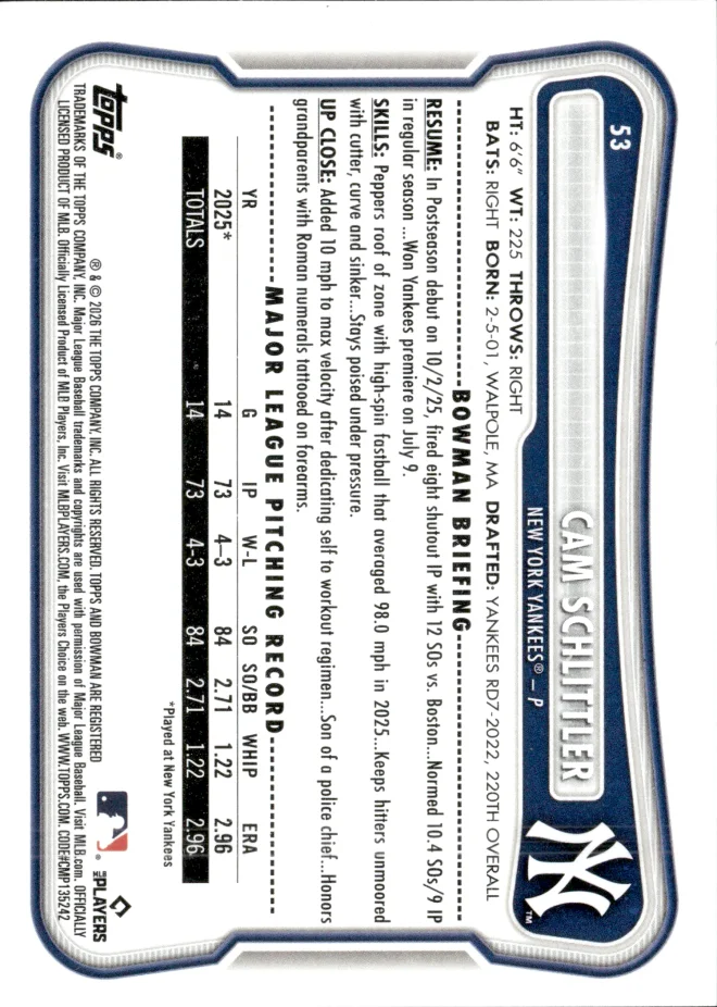 Cam Schlittler card back