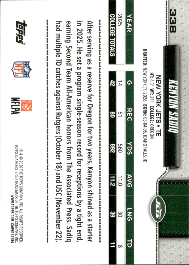 Kenyon Sadiq card back