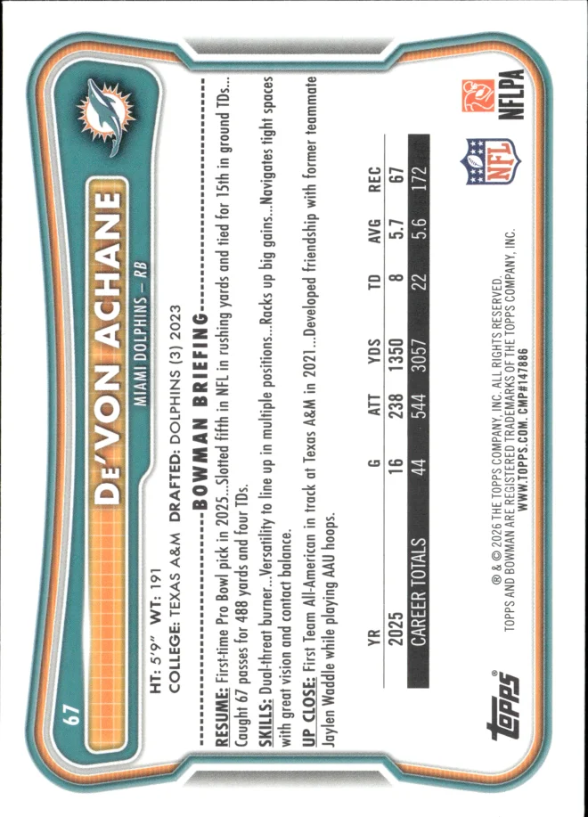 De'Von Achane card back