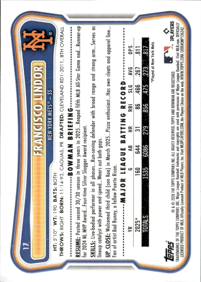 Francisco Lindor card back