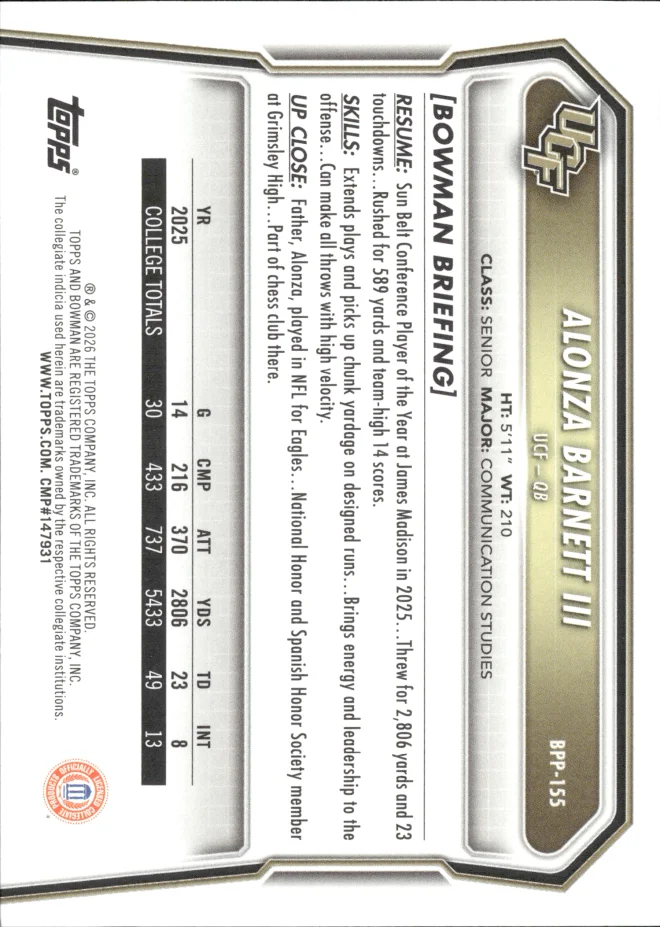 Alonza Barnett III card back