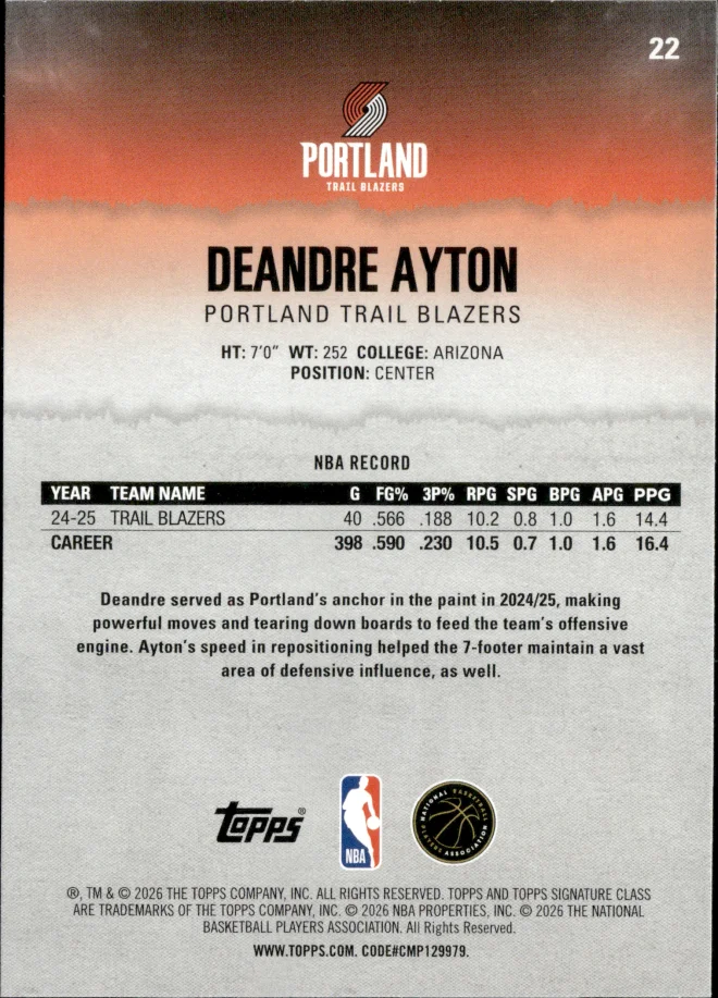 Deandre Ayton card back
