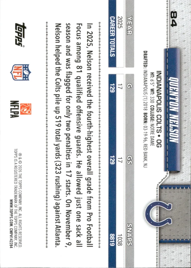 Quenton Nelson card back