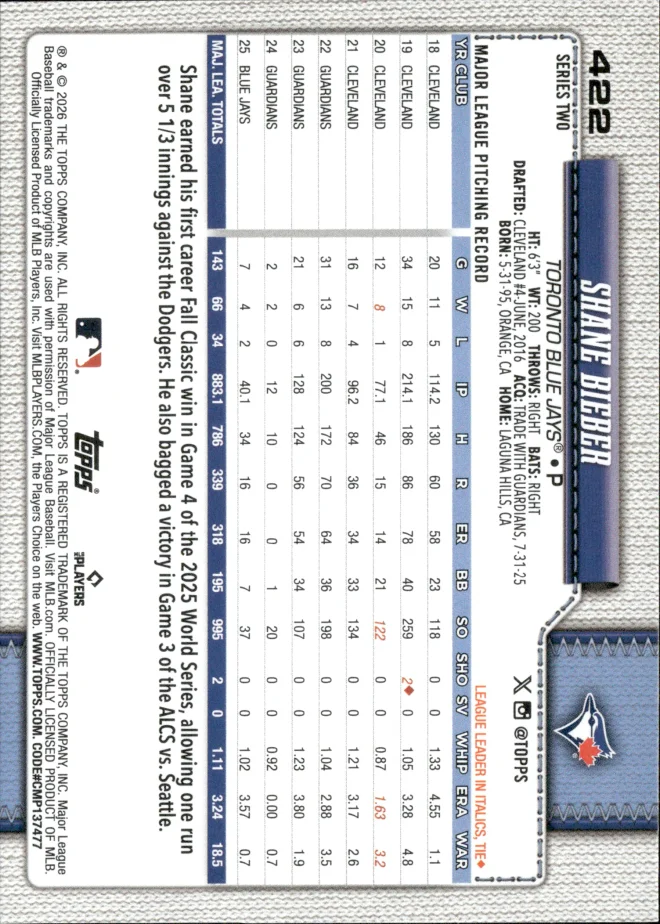 Shane Bieber card back