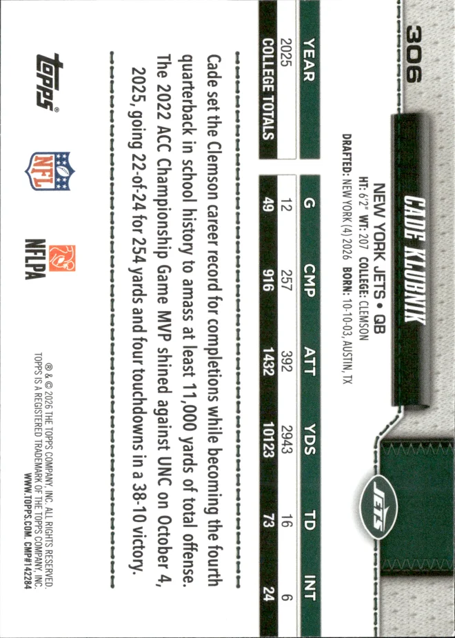 Cade Klubnik card back