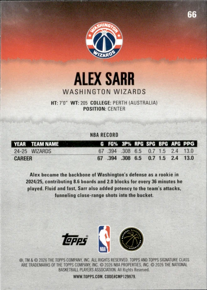 Alex Sarr card back