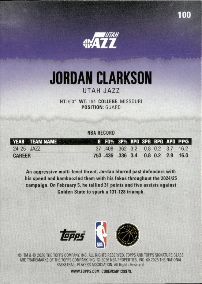 Jordan Clarkson card back