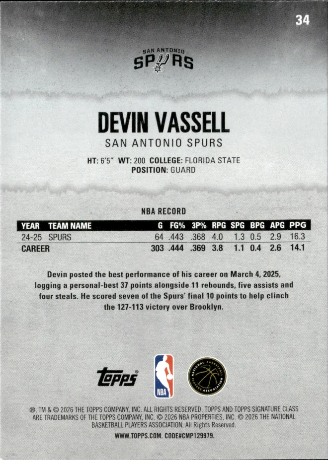 Devin Vassell card back