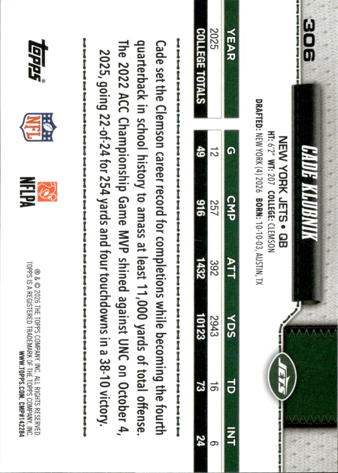 Cade Klubnik card back