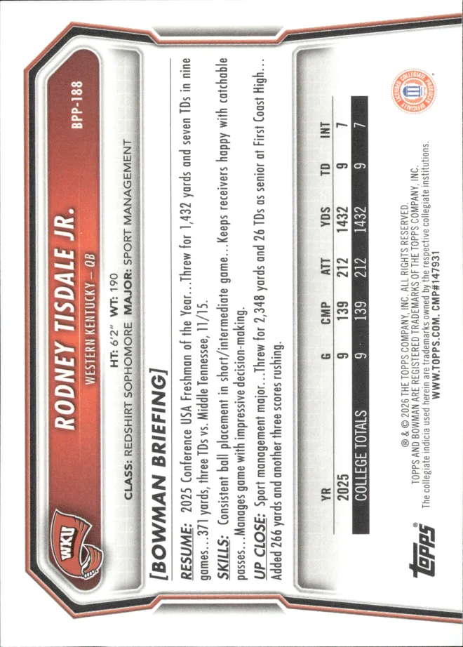 Rodney Tisdale Jr. card back