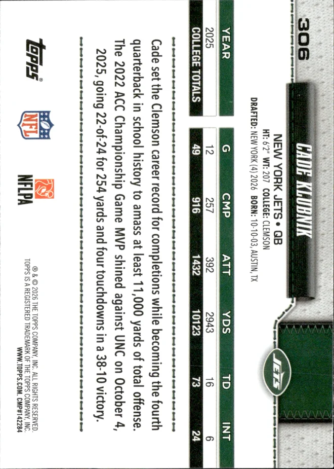 Cade Klubnik card back
