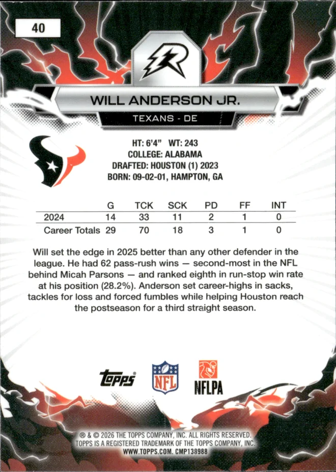 Will Anderson Jr. card back